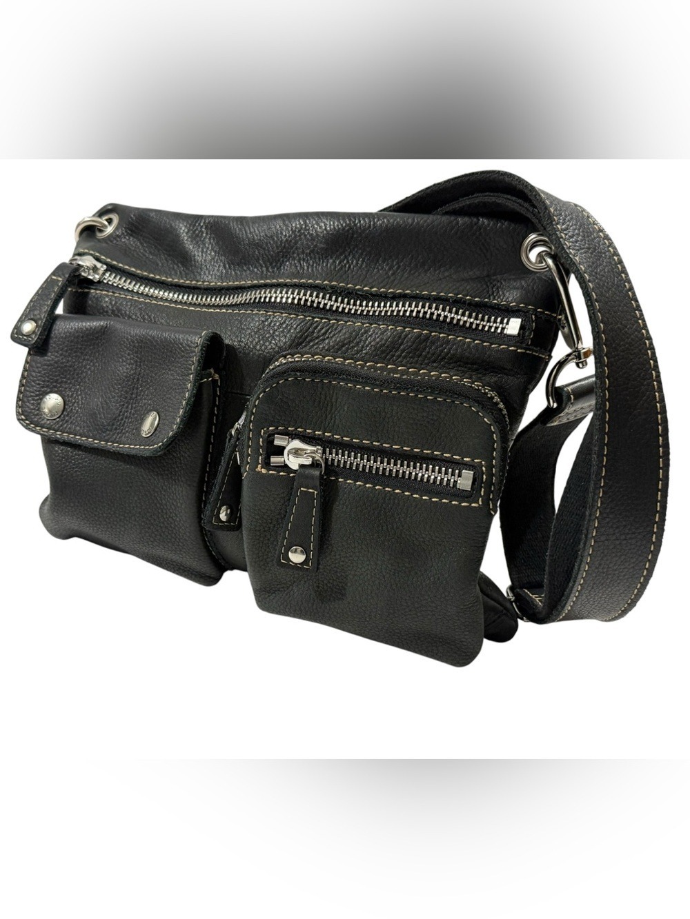 Fossil Buttery Soft Pebbled Leather Crossbody Black Multi Pocket Bag